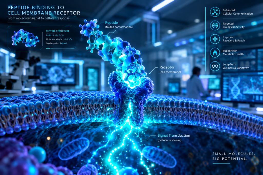 3D scientific rendering of a peptide chain binding to a cellular membrane receptor in a biochemistry research lab.